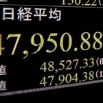 　日経平均株価の終値を示すモニター。３営業日連続で終値としての最高値を更新した＝７日午後、東京・東新橋