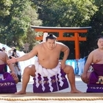 　京都市左京区の下鴨神社で奉納土俵入りを披露する横綱豊昇龍。左は太刀持ちの平戸海、右は露払いの明生