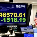 　下げ幅が一時１５００円を超えた日経平均株価を示すモニター＝１４日午後、東京都港区の外為どっとコム