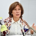 　「水銀に関する水俣条約」第６回締約国会議での写真展開催について記者会見するアイリーン・美緒子・スミスさん＝２１日午後、熊本県庁