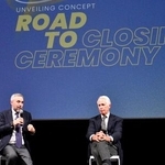 　ミラノ・コルティナ冬季五輪閉会式のコンセプト発表会に登壇した大会組織委員会のバルニエＣＥＯ（左）とマラゴ会長＝６日、ベローナ（共同）