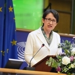 　７日、ＥＵ欧州議会で演説する台湾の蕭美琴副総統＝ブリュッセル（ＡＰ＝共同）