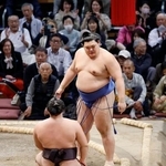 　霧島（手前）をはたき込みで下した大の里＝福岡国際センター