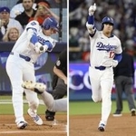 　米大リーグ、ナ・リーグ優勝決定シリーズのブルワーズ戦で（左から）先発し勝利投手となったドジャース・大谷翔平、１回に先頭打者、４回に２本目、７回に３本目の本塁打を放った＝１０月１７日、ロサンゼルス（共同）