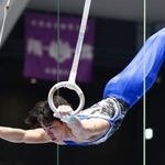 　男子種目別予選　岡慎之助のつり輪＝高崎アリーナ