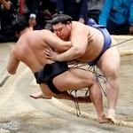 　大の里（右）が寄り倒しで若元春を下す＝福岡国際センター