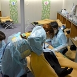 　神戸港で行われた「病院船」の活用に向けた訓練で、患者の治療手順を確認する医療関係者ら＝１６日午後