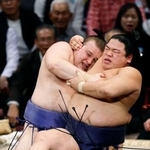 　平戸海（右）を攻める安青錦。寄り倒しで破る＝福岡国際センター