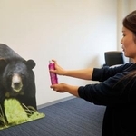 　クマ用スプレー「熊一目散」の使い方を説明するバイオ科学の社員＝１１日、徳島県阿南市