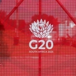 　会場近くに掲示された「Ｇ２０」のロゴ＝２２日、ヨハネスブルク（ロイター＝共同）