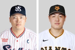 　（左から）ヤクルトの村上宗隆内野手、巨人の岡本和真内野手