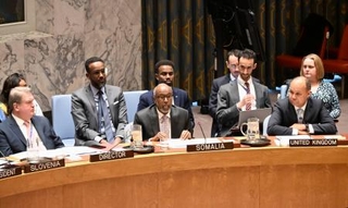 　２９日、国連安全保障理事会の緊急会合で発言するソマリアのオスマン国連大使（中央）＝ニューヨーク（共同）　