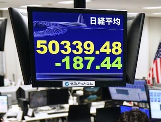 　５万０３３９円４８銭の日経平均株価終値を示すモニター。前年末の終値と比べた年間の上げ幅は初めて１万円を超え、過去最大となった＝３０日午後、東京都港区の外為どっとコム