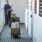 　自律搬送ロボットがけん引する専用カートで運ばれる荷物＝１０日午後、愛知県稲沢市