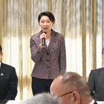 　自民党沖縄振興調査会の会合で発言する小渕優子会長（中央）＝１８日午前、東京・永田町の党本部