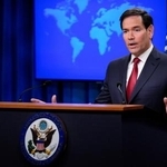 　１９日、米ワシントンの国務省で記者会見するルビオ国務長官（ＡＰ＝共同）