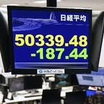 　５万０３３９円４８銭の日経平均株価終値を示すモニター。前年末の終値と比べた年間の上げ幅は初めて１万円を超え、過去最大となった＝３０日午後、東京都港区の外為どっとコム
