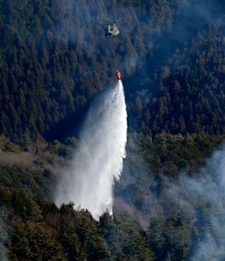 　延焼が続く山梨県上野原市の扇山で、消火活動を行う陸上自衛隊のヘリコプター＝１２日午前１０時５分（共同通信社ヘリから）