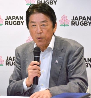 　記者会見する日本ラグビー協会の土田雅人会長＝１４日、東京都港区