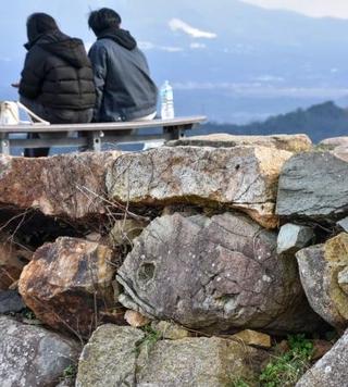 　米子城跡天守台の石垣にある、タイの姿に見える「鯛石」＝鳥取県米子市