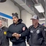 　３日、米ニューヨークにある麻薬取締局の施設内を歩くベネズエラのマドゥロ大統領（中央）（＠ＲａｐｉｄＲｅｓｐｏｎｓｅ４７提供、ロイター＝共同）