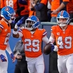 　チャージャーズ戦でＴＤを奪って喜ぶブロンコスのマクミラン（中央）＝デンバー（イマジンイメージズ・ロイター＝共同）