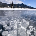 　北海道上士幌町の糠平湖に出現した、凍結した湖面に湧き出たガスなどの気泡が閉じ込められた「アイスバブル」＝２２日午後