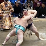 　大の里（奥）が琴桜を攻める。寄り切りで下す＝両国国技館