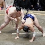 　熱海富士（左）が突き落としで阿炎を破る＝両国国技館
