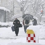 　降り積もる雪の中を歩く人たち＝２３日午前、金沢市