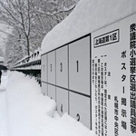 　雪が降り積もった衆院選候補者のポスター掲示板＝２６日、札幌市