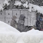 　雪でかすむ衆院選候補者のポスター掲示板＝２６日、札幌市