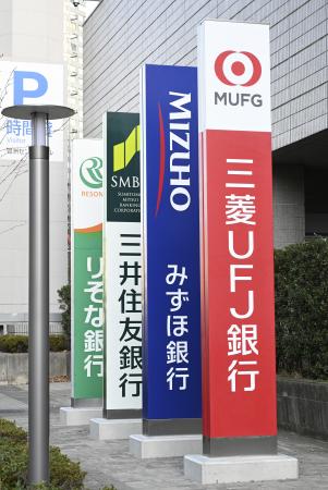　三菱ＵＦＪ銀行、みずほ銀行、三井住友銀行などの看板＝２０２５年１２月、東京都江東区
