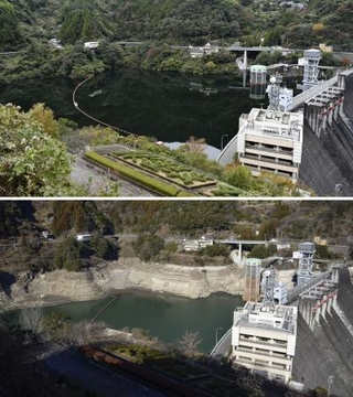 　貯水率１００％（上、２０２５年１１月）と今月４日、貯水率が低下した大渡ダム＝高知県仁淀川町（大渡ダム管理所提供）