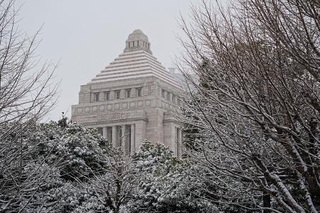 　うっすらと雪が積もった国会議事堂前＝８日午前