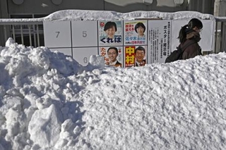 　雪の中に立つ衆院選のポスター掲示板。手前の道路には人の背丈ほどの高さに雪が積み上げられていた＝８日午前、北海道小樽市