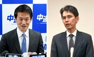 　中道改革連合の議員総会に出席後、記者団の取材に応じる小川淳也氏（左）と階猛氏。代表選立候補の意向を表明した＝１１日午後、東京都内