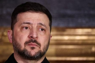 　ウクライナのゼレンスキー大統領＝１４日、ドイツ・ミュンヘン（ロイター＝共同）