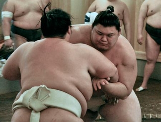 　出稽古に来た琴桜と相撲を取る大の里＝大阪府東大阪市の二所ノ関部屋宿舎