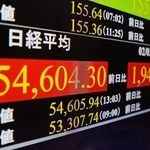 　日経平均株価が一時１９００円超高となったことを示すモニター＝３日午後１時７分、東京都港区