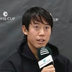 　男子テニスの国別対抗戦デビス杯の予選前に記者会見する錦織圭＝５日、有明コロシアム