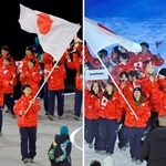 　６日、イタリア・ミラノでミラノ・コルティナ冬季五輪の旗手を務めた森重航（左、共同）とリビーニョで旗手を務めた冨田せな（代表撮影・共同）