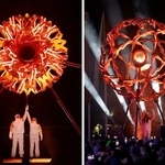 　６日、ミラノ・コルティナ冬季五輪の開会式でともされたミラノの聖火（左、ロイター＝共同）とコルティナダンペッツォの聖火（共同）