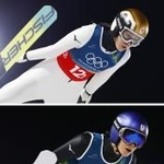 　混合団体で１回目の飛躍をする（上から）丸山希、小林陵侑、高梨沙羅、二階堂蓮＝プレダッツォ（共同）