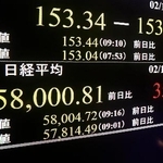 　一時５万８千円を超えた日経平均株価を示すモニター＝１２日午前、東京・東新橋