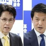 　中道改革連合の代表選に立候補した階猛氏（左）と小川淳也氏＝１２日、東京・永田町の党本部