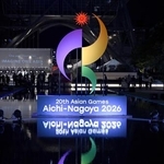 　名古屋市内に設置されたアジア大会エンブレムのオブジェ＝２０２５年９月