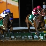 　サウジカップで２連覇を果たした坂井瑠星騎乗のフォーエバーヤング（右）＝１４日、リヤド（ＡＰ＝共同）