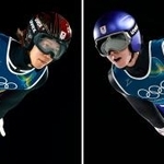 　男子スーパー団体で１回目の飛躍をする（左から）二階堂蓮、小林陵侑＝プレダッツォ（共同）