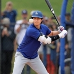 　実戦形式の練習で打席に立つドジャース・大谷＝グレンデール（共同）